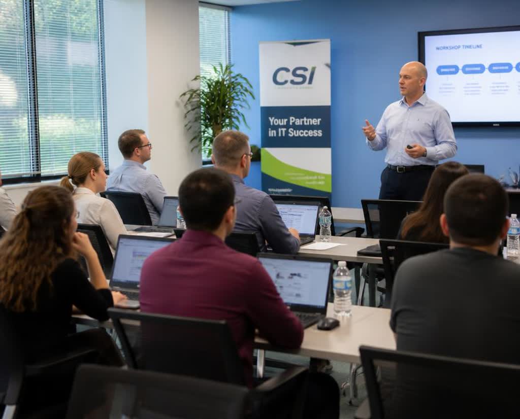 Professionals volgen een open AI-training met laptops